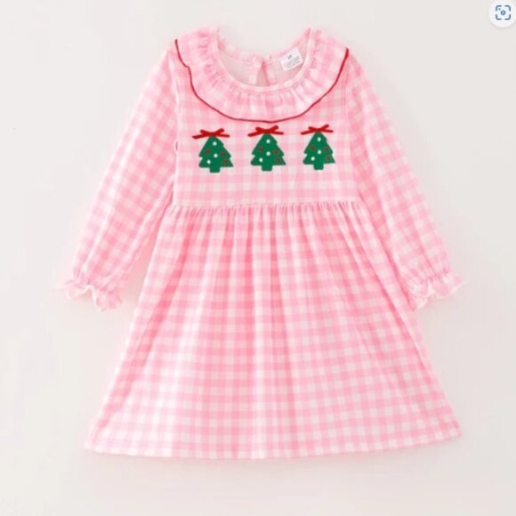 Other - Boutique Christmas Tree Girls Pink Plaid Long Sleeve Dress